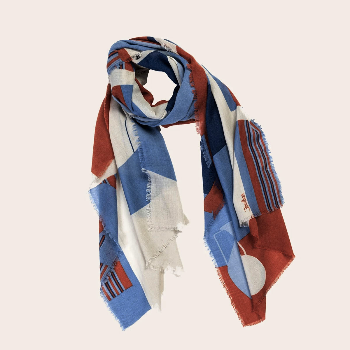 foulard laine graphique createur francais - foulard boulbar bleu et ocre - boutique bijoux en ligne