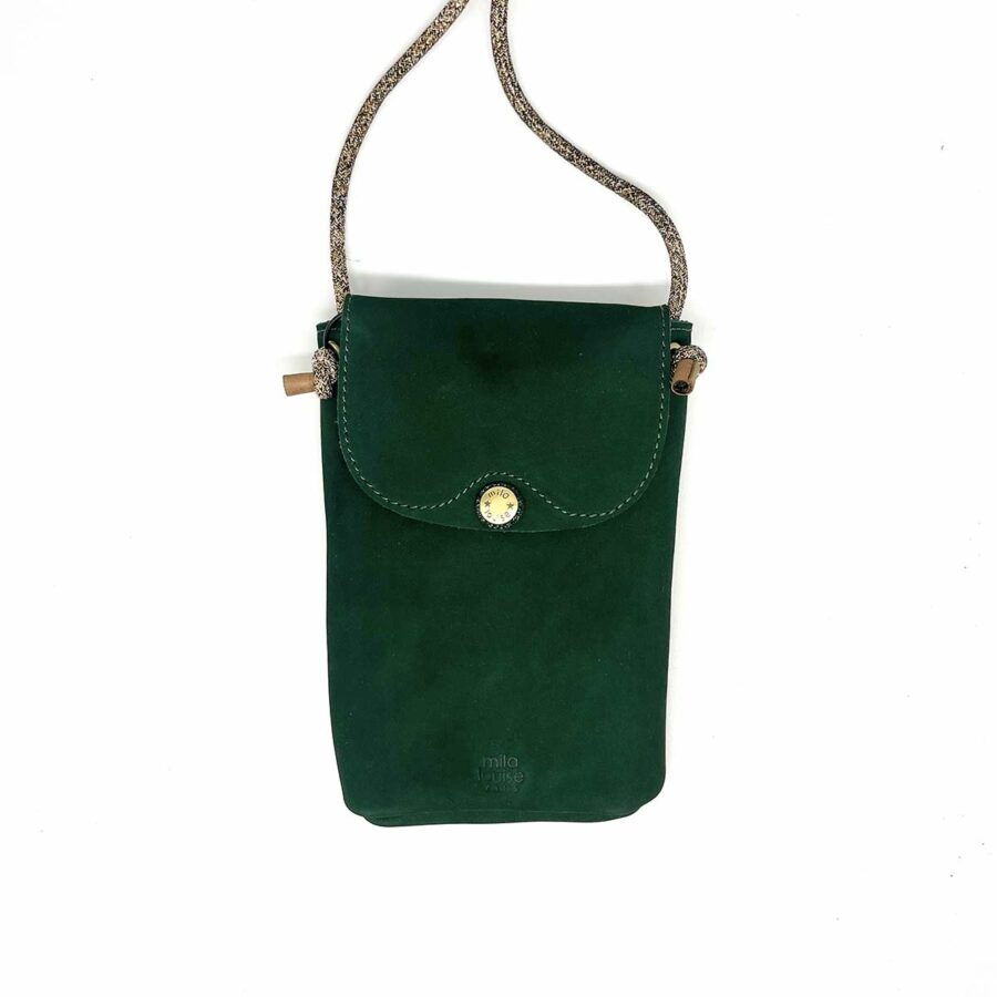 sac mila louise - modèle Roel vert - pochette en daim - boutique bijoux en ligne